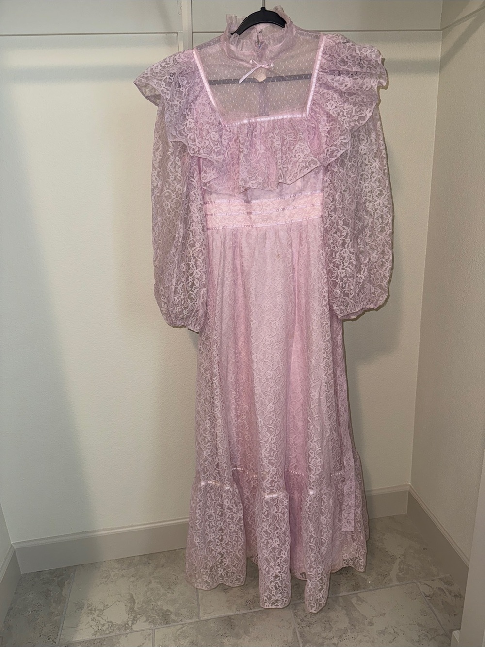Candi Jones - Purple Floral Lace Maxi Dress, Long Puff Sleeve High Neck Bow, 13